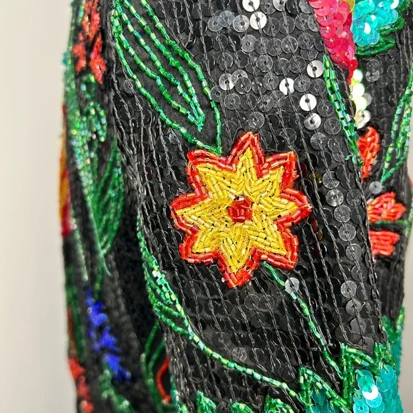Vintage 80’s silk sequins fully beaded floral design knee length formal dress - Picture 7 of 16